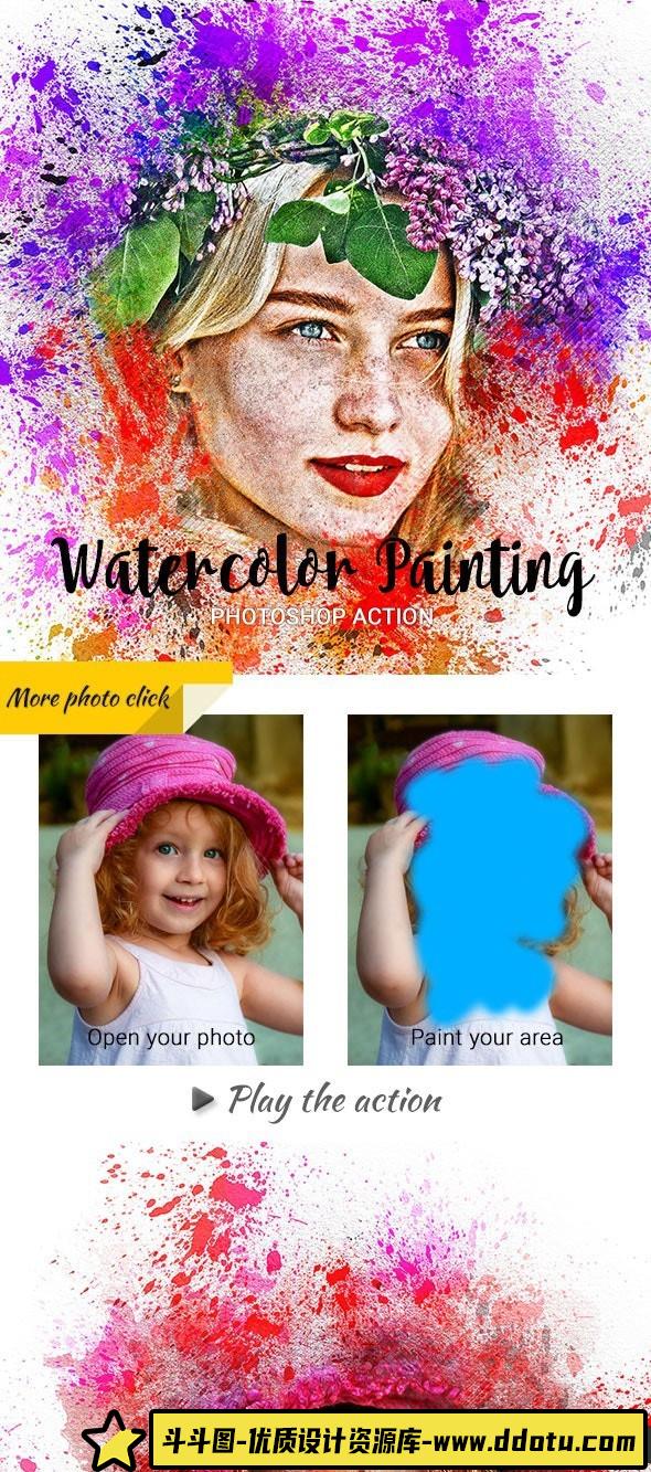 [PS动作下载]水彩喷溅绘画PS动作 Watercolor Painting Photoshop Action(附教程)-斗斗图