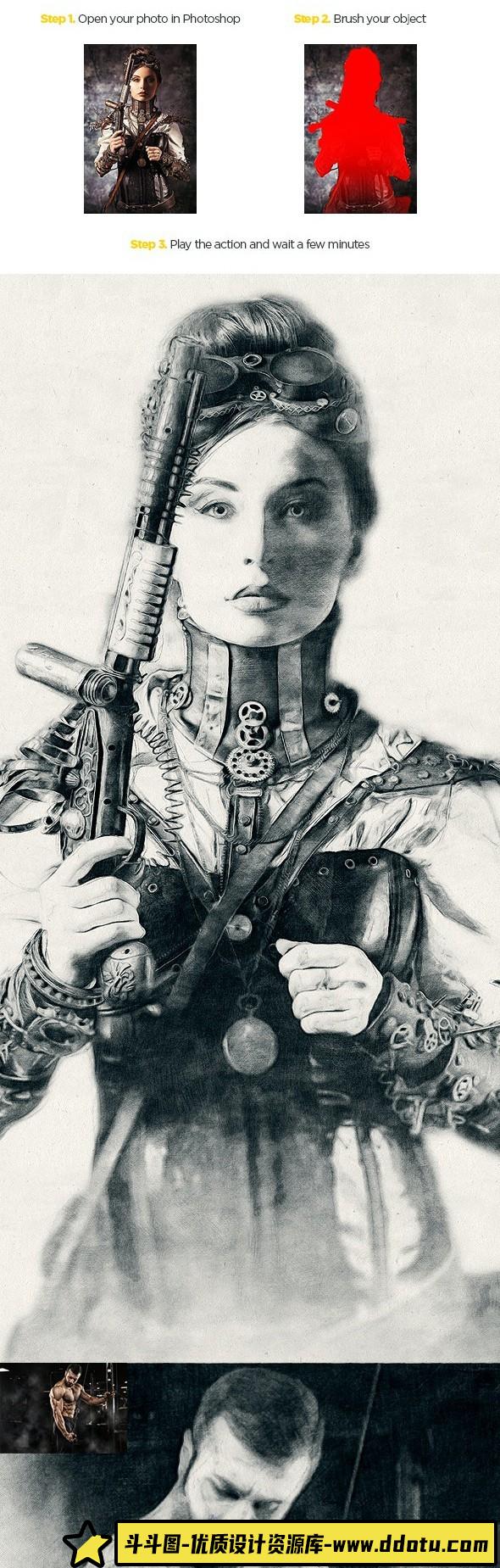 [中文版动作]木炭绘画人像素描PS特效中文汉化版动作-附中文视频教程-斗斗图