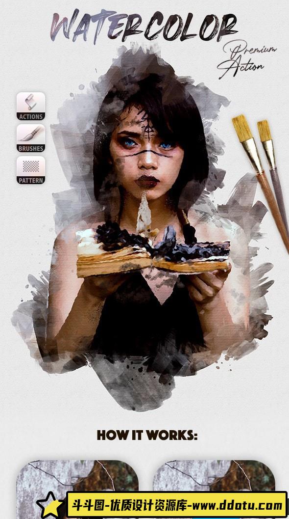[PS动作下载]水墨水彩画Photoshop动作 Watercolor Photoshop Action-斗斗图