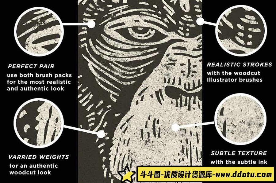 适用于PS与AI的木刻画，逼真的木刻PS/AI笔刷