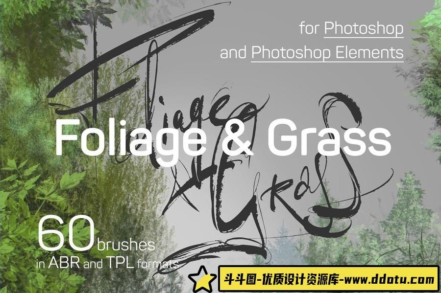 60种叶子和苔藓草地植物PS画笔笔刷套装 ABR和TPL格式