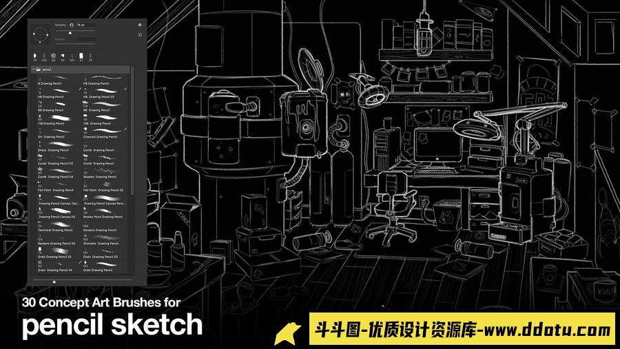 Artstation – 30 款概念艺术画笔 | 铅笔素描草图笔刷