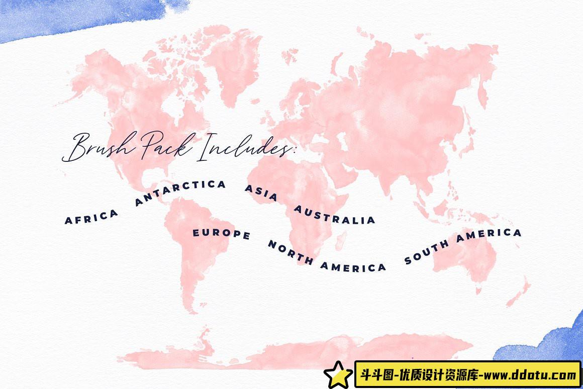 [水墨水彩笔刷][插件发布]世界地图水彩PS笔刷包 World Watercolor PS Brush Pack