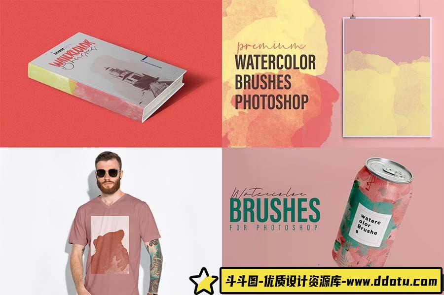 89款数字水彩Photoshop笔刷，助力产品广告与T恤设计创作