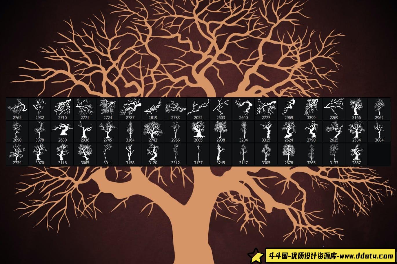 《50款冬季枯树枝Photoshop笔刷，助你绘制植物花朵的艺术》