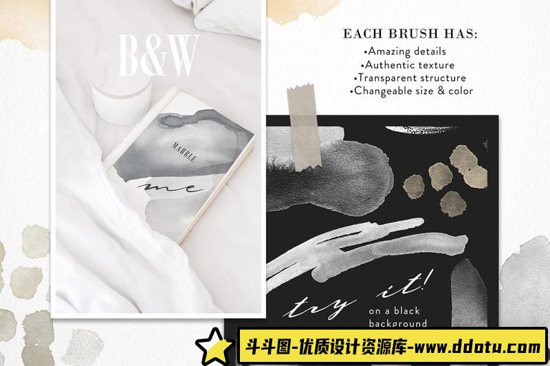 [Procreate笔刷]ProcreateAPP笔刷-现代风格时尚海报水粉和墨水线性印章笔刷