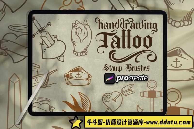 [Procreate笔刷]适用于Ipad绘画的复古徽标纹身Procreate笔刷-斗斗图