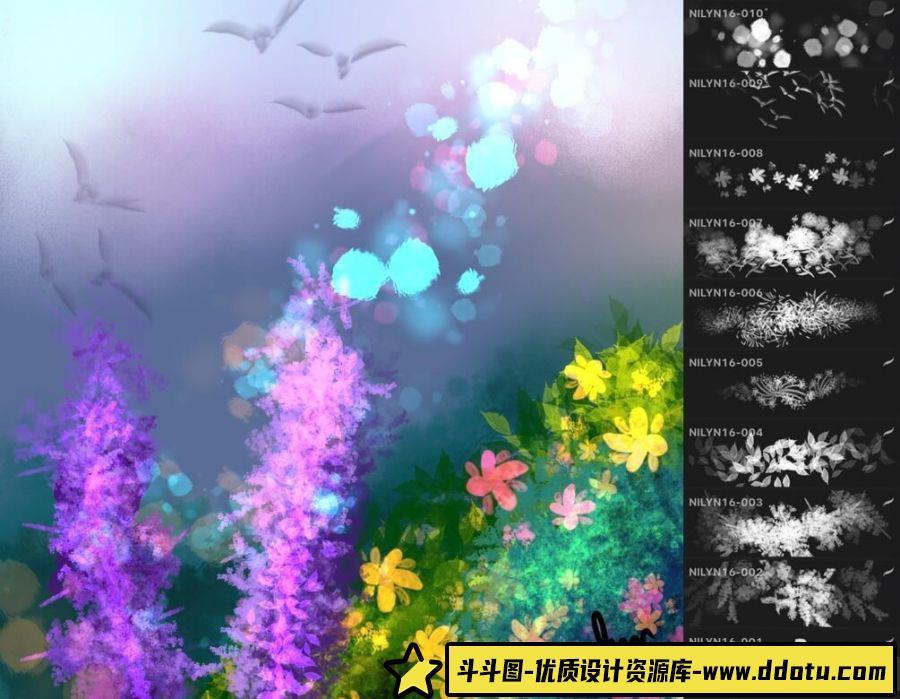 [Procreate笔刷]ipad 自然 野外 森林 草地 草坪 落叶 飞鸟笔刷 Procreate笔刷