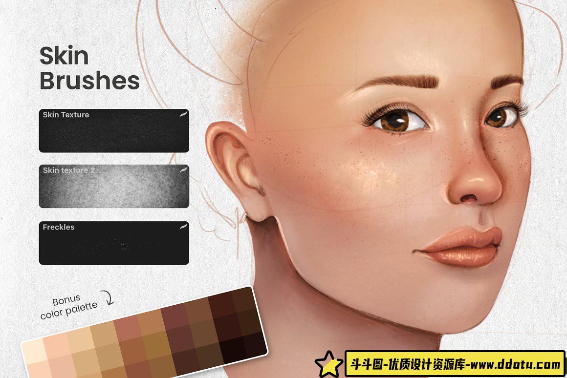 [Procreate笔刷]终极人像绘画套装Procreate画笔(包含面部五官皮肤纹理头发画笔)附教程