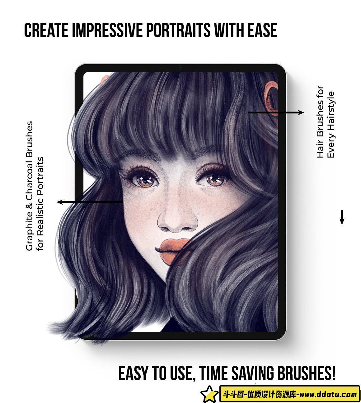 [Procreate笔刷]Procreate笔刷-完美人像Procreate画笔真实肖像的石墨和炭笔刷下载