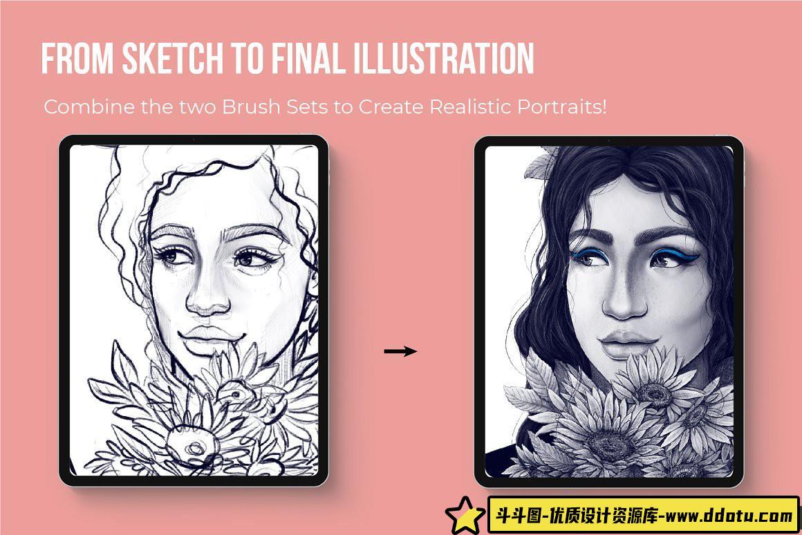 [Procreate笔刷]Procreate笔刷-完美人像Procreate画笔真实肖像的石墨和炭笔刷下载