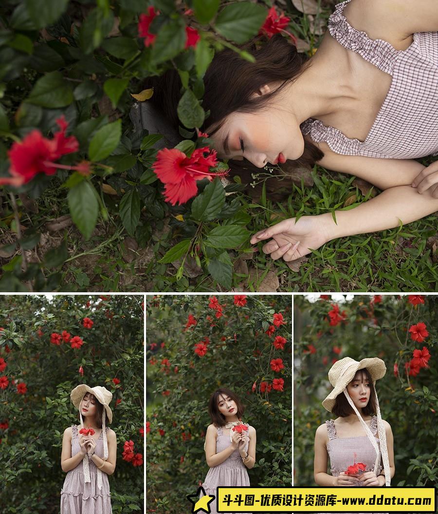 美女木槿花下外拍人像RAW30P-斗斗图