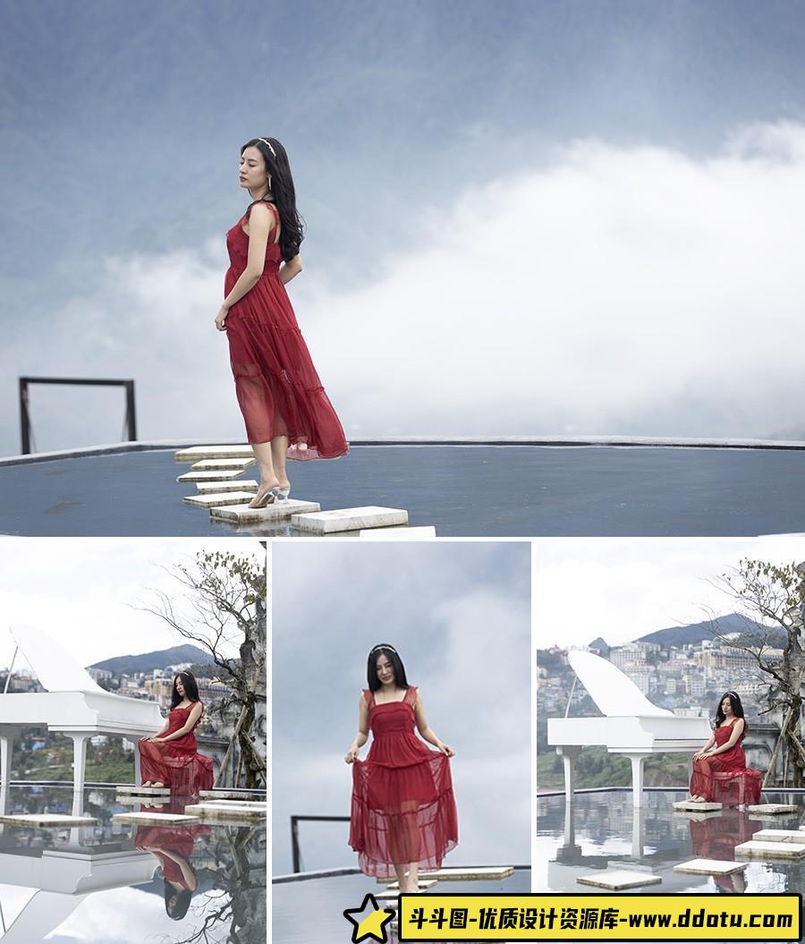 [时尚人像RAW原图]RAW原图素材-8张天空之城红衣美女人像摄影RAW原片佳能CR3原片-斗斗图