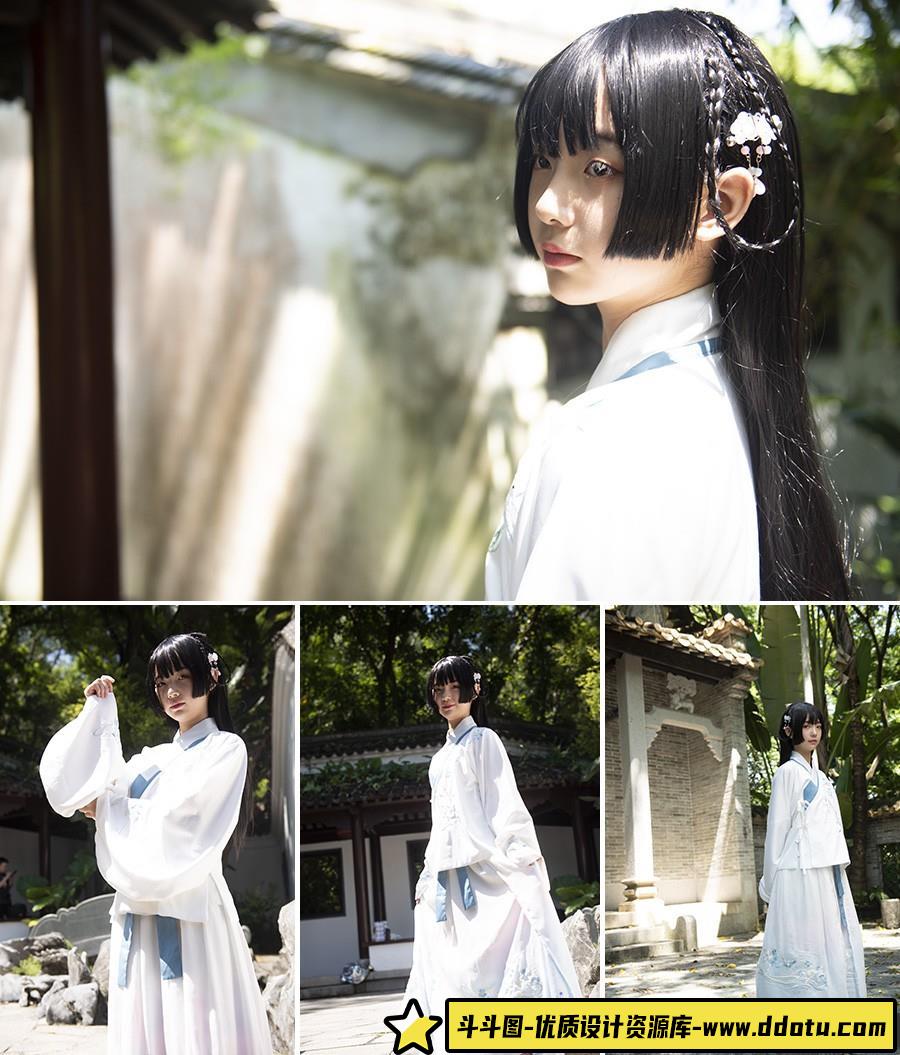 [古装汉服RAW原图]9P古风青白裙少女人像摄影后期修图练习RAW素材-斗斗图