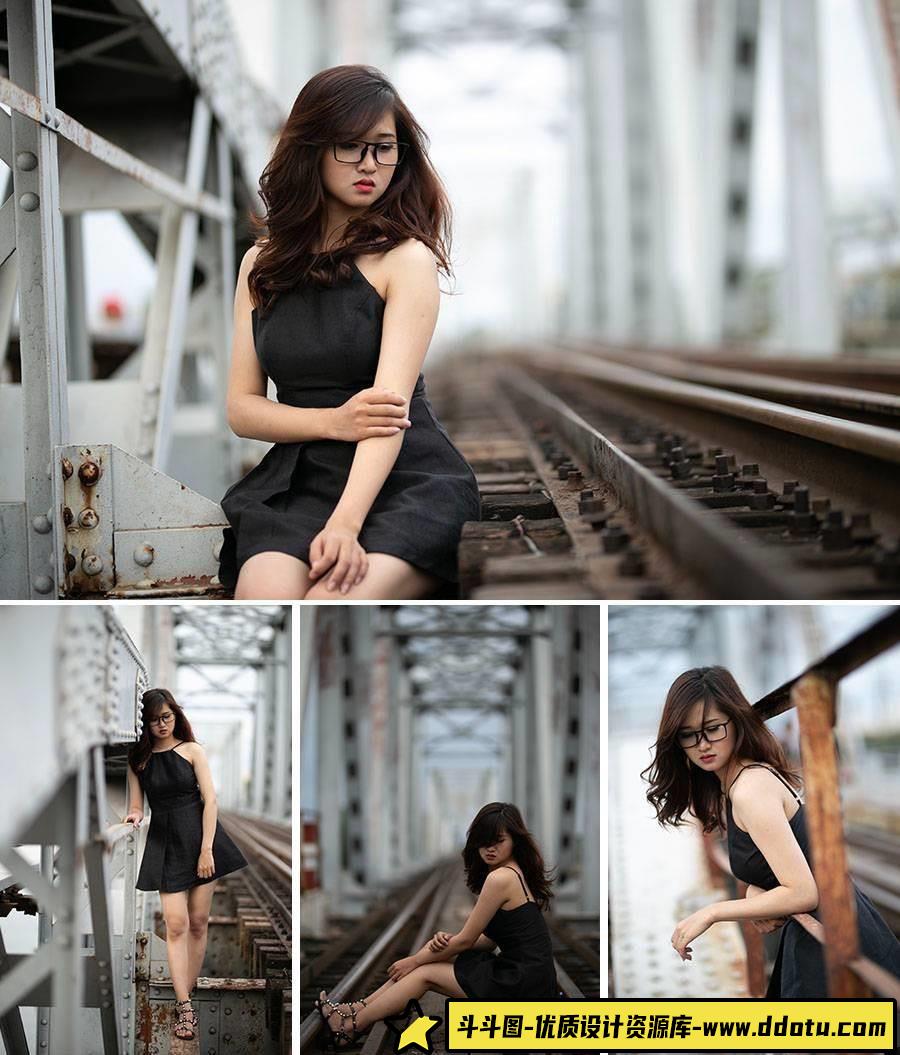 6张黑群美女铁轨唯美写真RAW原片CR2修图练习素材-斗斗图