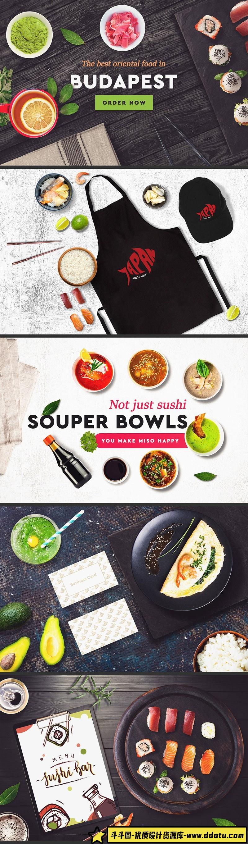 [PS样机模型]寿司餐厅酒吧整体产品形象包装PSD样机模型合集