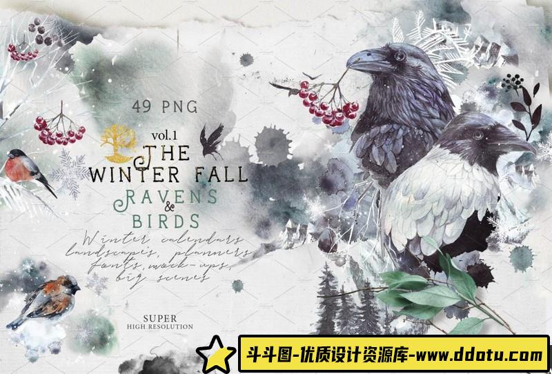 [水墨水彩]冬季中国风鸟类水墨写意格式PNG,PSD,JPG&HTML素材