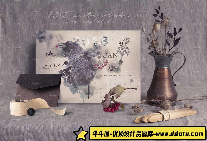 [水墨水彩]冬季中国风鸟类水墨写意格式PNG,PSD,JPG&HTML素材