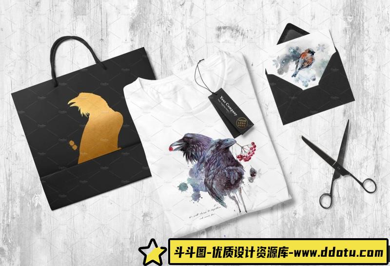 [水墨水彩]冬季中国风鸟类水墨写意格式PNG,PSD,JPG&HTML素材