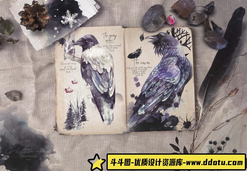 [水墨水彩]冬季中国风鸟类水墨写意格式PNG,PSD,JPG&HTML素材