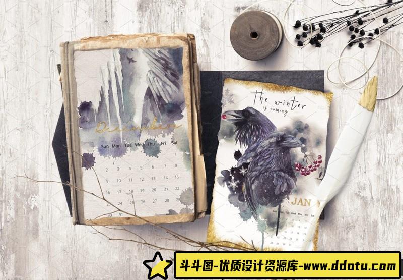 [水墨水彩]冬季中国风鸟类水墨写意格式PNG,PSD,JPG&HTML素材