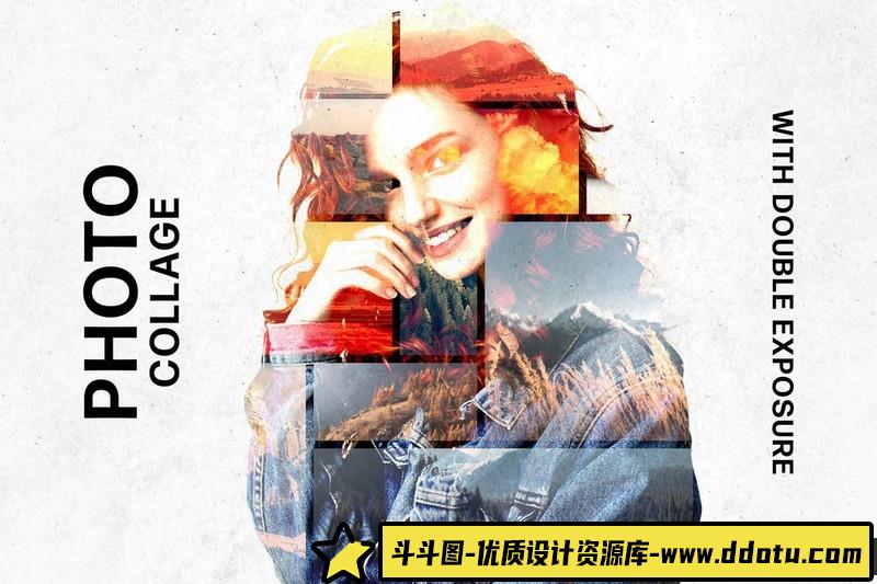 [相框边框]双重曝光效果的拼贴模板-智能对象替换PSD分层模板-斗斗图