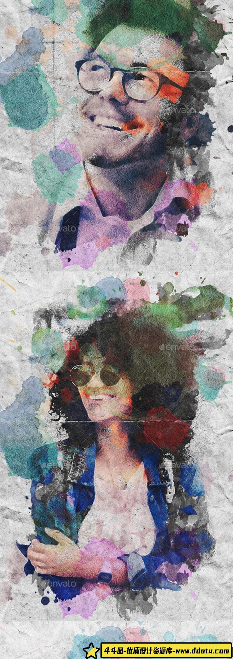 [相框边框]创意水彩肖像画PSD模板-智能对象一键替换生成