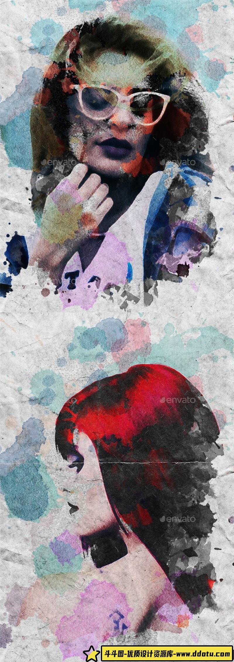[相框边框]创意水彩肖像画PSD模板-智能对象一键替换生成