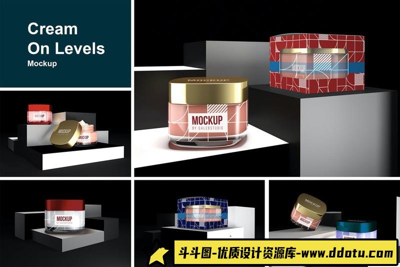 [PS样机模型]化妆产品玻璃瓶包装盒PSD样机模型CreamOnLevelsMockup-斗斗图