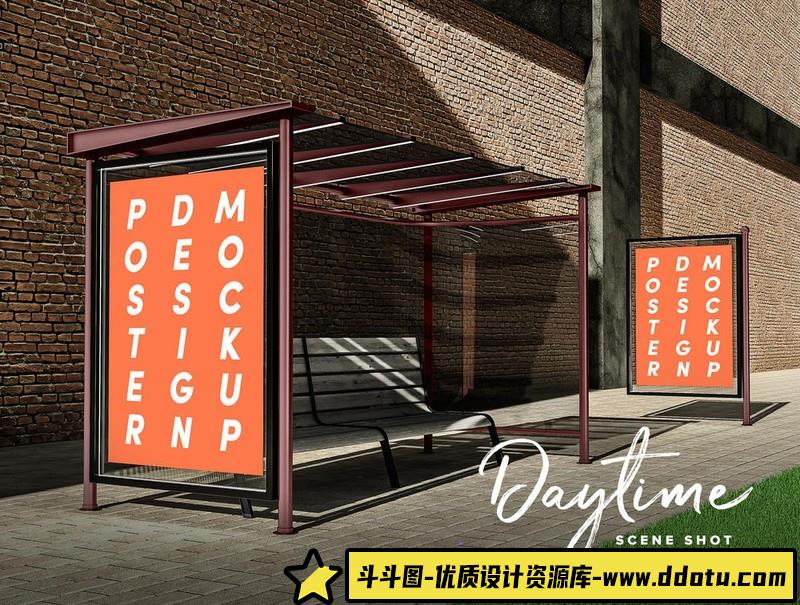 [PS样机模型]公交车站海报设计样机模型，公交车站海报设计智能贴图PS样机