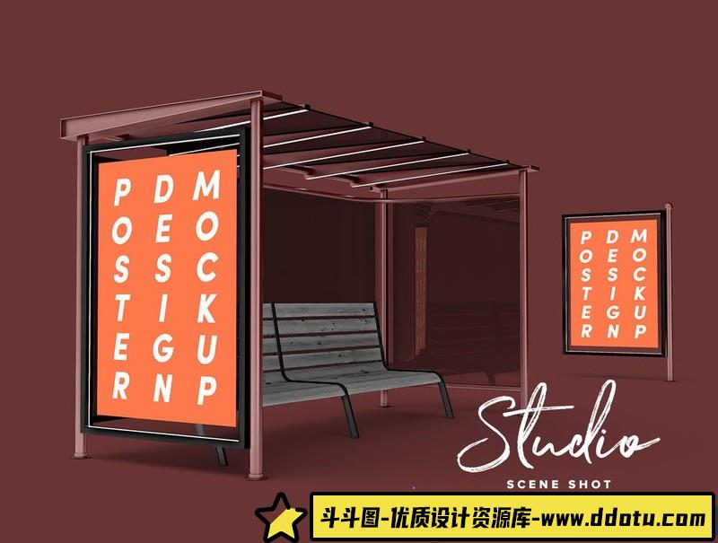 [PS样机模型]公交车站海报设计样机模型，公交车站海报设计智能贴图PS样机