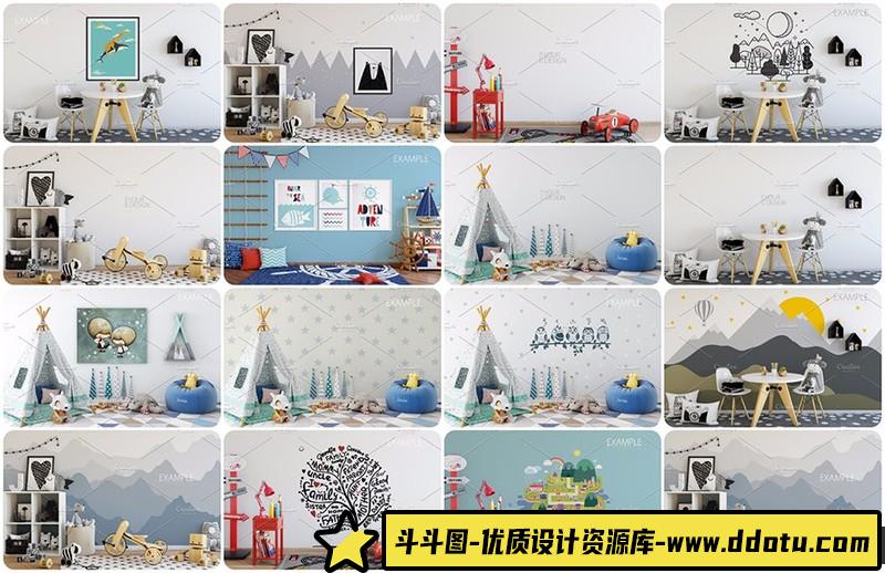 [PS样机模型]儿童房游乐园幼儿园墙面和框架样PSD样机模型第一季