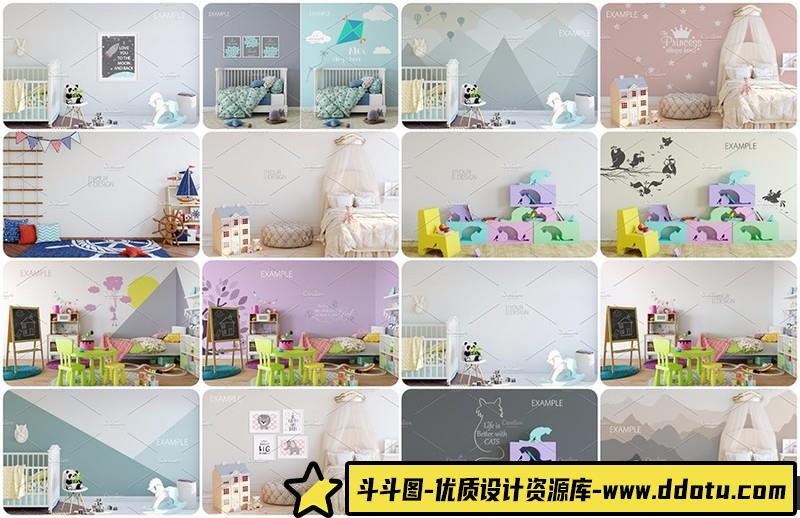 [PS样机模型]儿童房游乐园幼儿园墙面和框架样PSD样机模型第一季