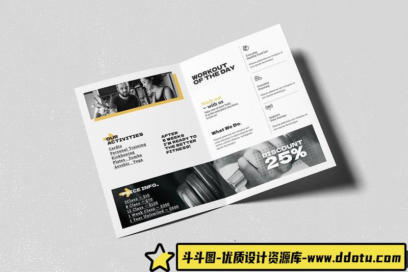 [包装画册]健身双折页小册子平时的模板FitnessBifoldBrochure
