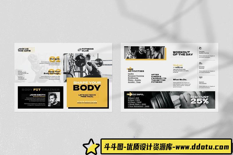 [包装画册]健身双折页小册子平时的模板FitnessBifoldBrochure