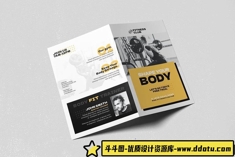 [包装画册]健身双折页小册子平时的模板FitnessBifoldBrochure