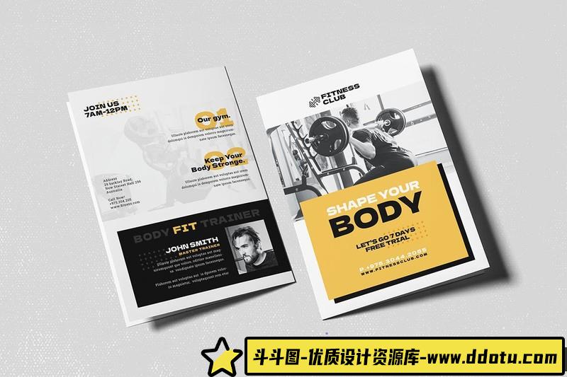 [包装画册]健身双折页小册子平时的模板FitnessBifoldBrochure