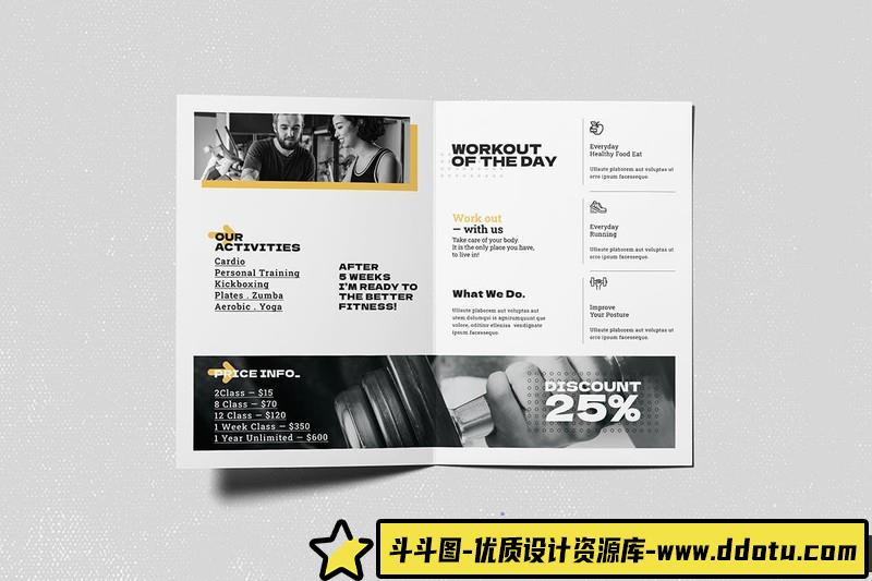 [包装画册]健身双折页小册子平时的模板FitnessBifoldBrochure