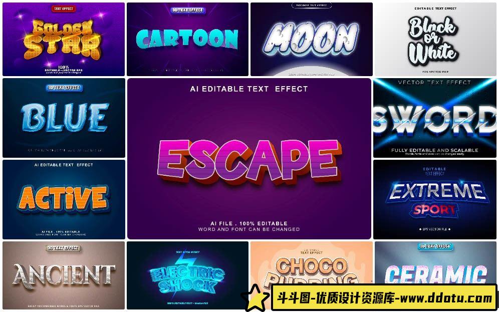 字体设计20个3D矢量文本可编辑,文本效果字体样式 vol 5 20xEPS-斗斗图