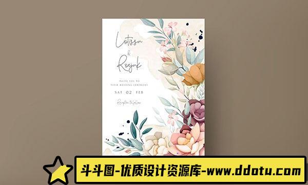 卡片名片水彩花卉装饰婚礼卡片模板矢量素材-斗斗图