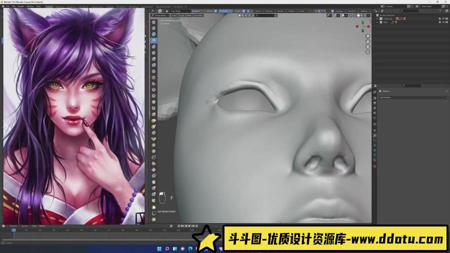 Blender教程 -英雄联盟阿狸角色建模拓扑贴图教程包含工程文件-斗斗图