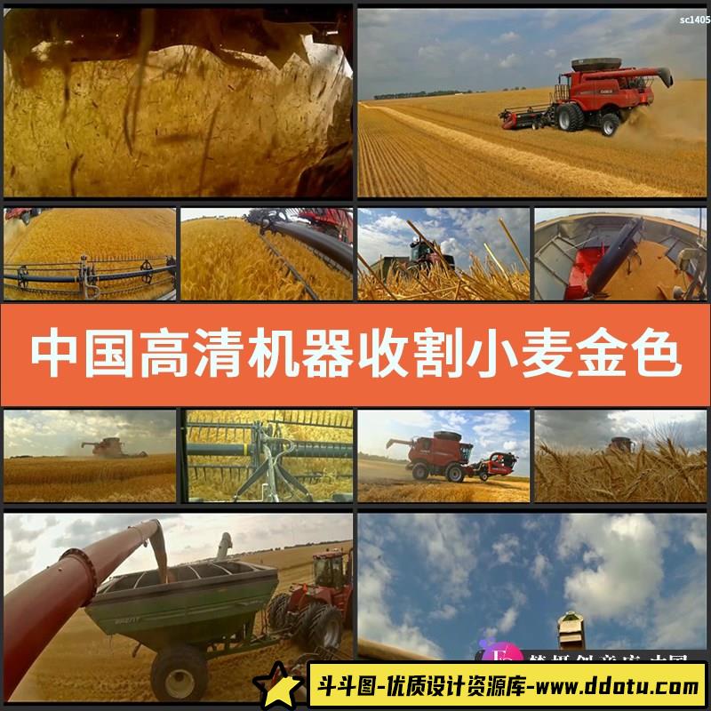 中国高清实拍视频素材机器收割小麦金色麦田农业丰收麦穗农田素材-斗斗图