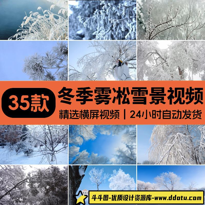冬季雾凇美景冬天树枝雪松积雪特写雪景冬日冰天雪地剪辑视频素材-斗斗图